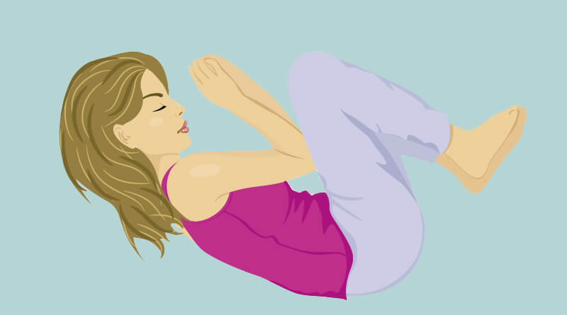 Ilustración de mujer durmiendo sobre una almohada soñare en posición fetal.