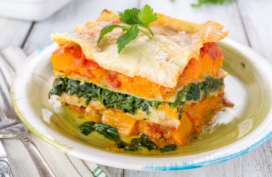 menú vegetariano receta de lasaña con puré de calabaza